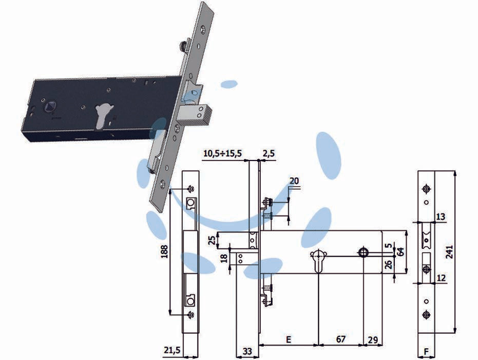 Serratura triplice infilare per fasce catenaccio e scrocco mm.64 h - mm.90 interasse mm.67 (1970) - scatola e coperchio in acciaio zincato e plastificato, frontale in acciaio inox mm.25, catenaccio in acciaio nichelato, scroc...