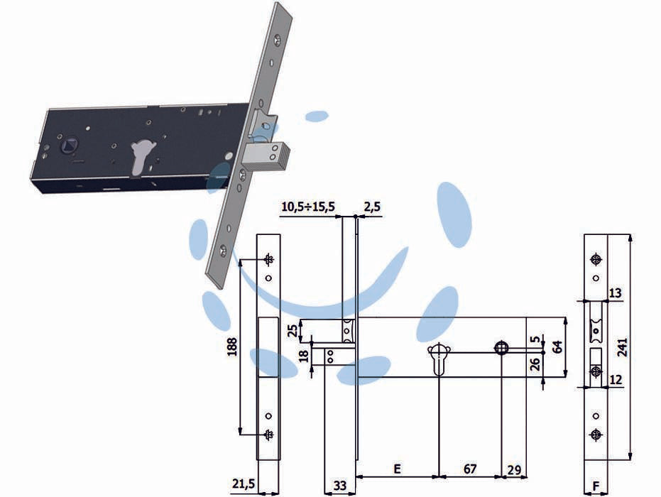 Serratura da infilare per fasce catenaccio e scrocco mm.64 h 1940 - mm.90 interasse mm.67 (1940) - scatola e coperchio in acciaio zincato e plastificato, frontale in acciaio inox mm.25, catenaccio in acciaio nichelato, scroc...