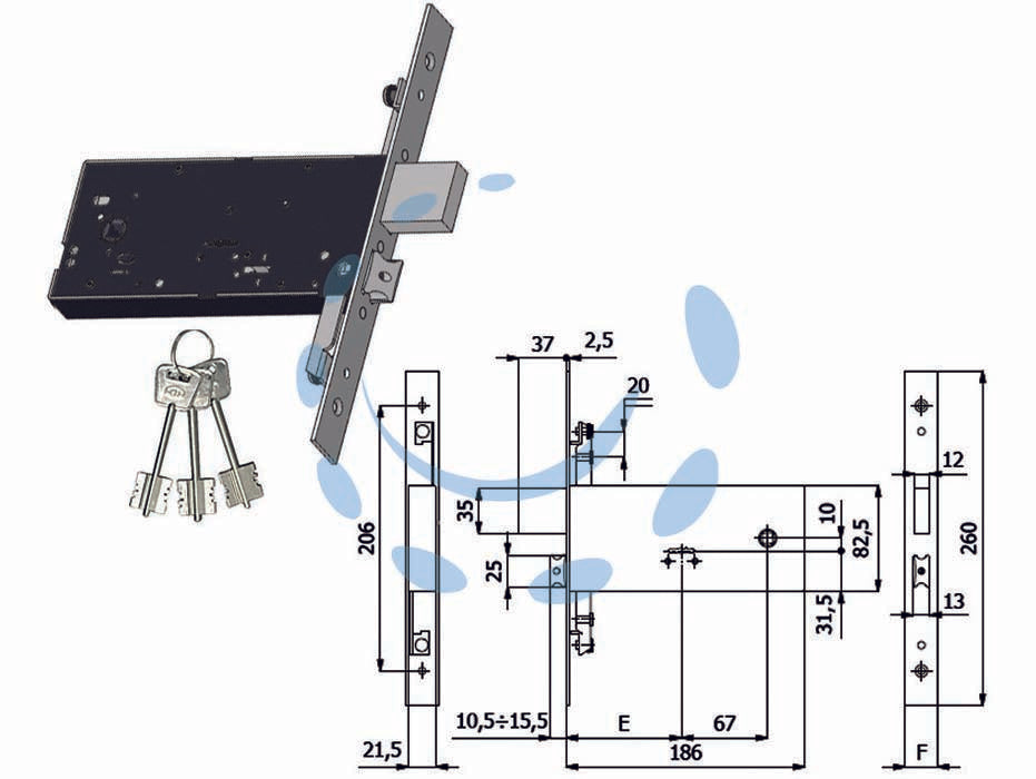 Serratura triplice infil. fasce d/mappa cat. e scr. mm.82,5 h 5960 - mm.90 interasse mm.67 (5960) - scatola e coperchio in acciaio zincato e plastificato, frontale in acciaio inox mm.25, catenaccio in acciaio nichelato, scroc...
