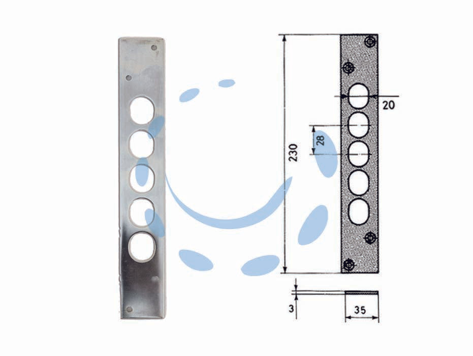 Contropiastra per porte blindate 06220 - mm.35x230 spessore mm.3 (06220) - contropiastra piana in acciaio nichelato, per serrature con interasse catenacci mm.28, adatta per serrature Cisa serie: 57515...