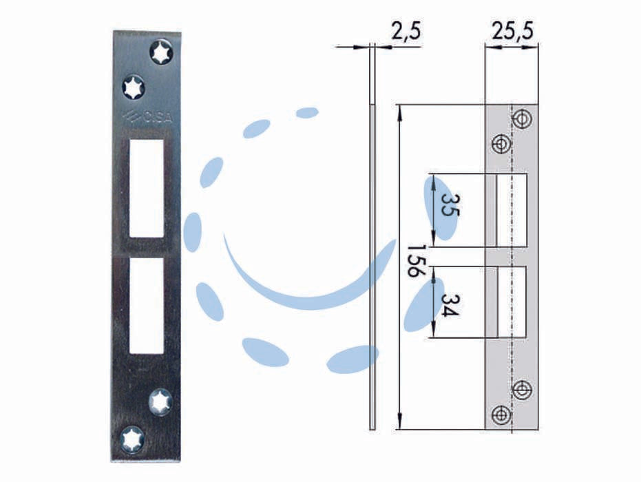 Contropiastra per serrature infilare profilati in ferro 06232 01 - mm.156x25,5 spessore mm.2,5 (06232 01) - in acciaio zincata, adatta per serrature Cisa serie: 56358. 57313. 57318. 57353. 57358. 57378.