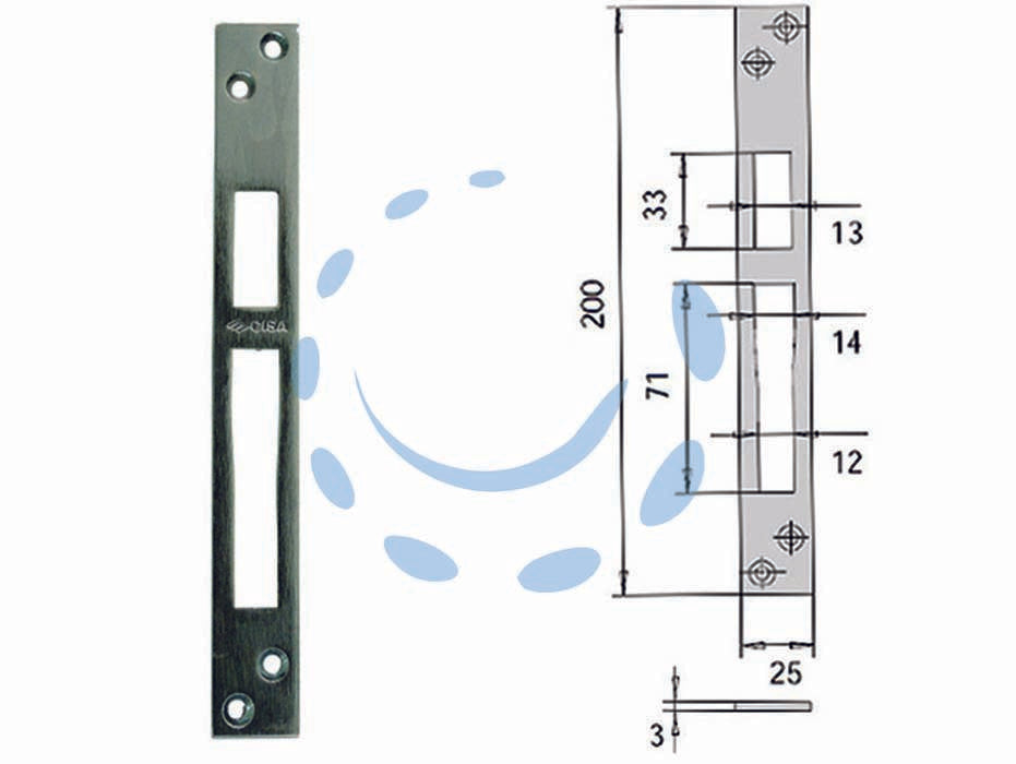 Contropiastra per serrature infilare profilati in ferro 06232 20 - mm.25x200, spessore mm.3 (06232 20) - in acciaio zincato, adatta per serrature per montanti a catenaccio basculante, adatta per serrature Cisa serie: 46215, 46217,...