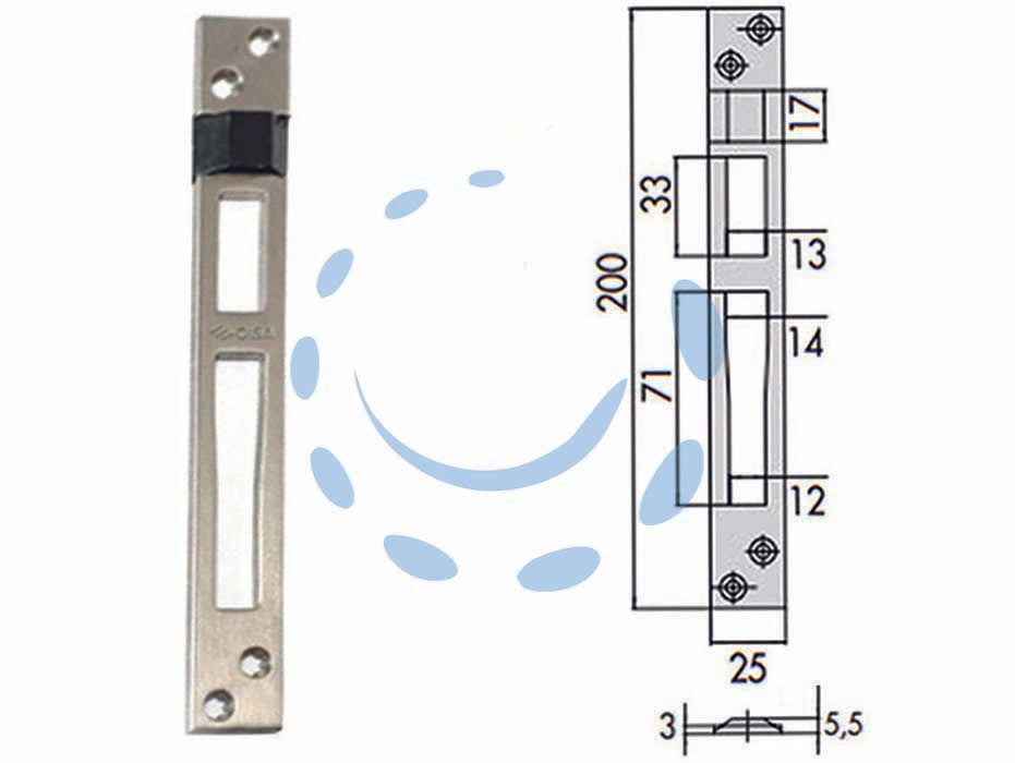 Contropiastre per serrature infilare profilati in alluminio 06462 01 - mm.25x200, spessore mm.5,5 (0646201) - contropiastra piana in acciaio inox con pattino in nylon . adatta per serrature Cisa serie: 16205, 16207, 16215, 16217, 16225...