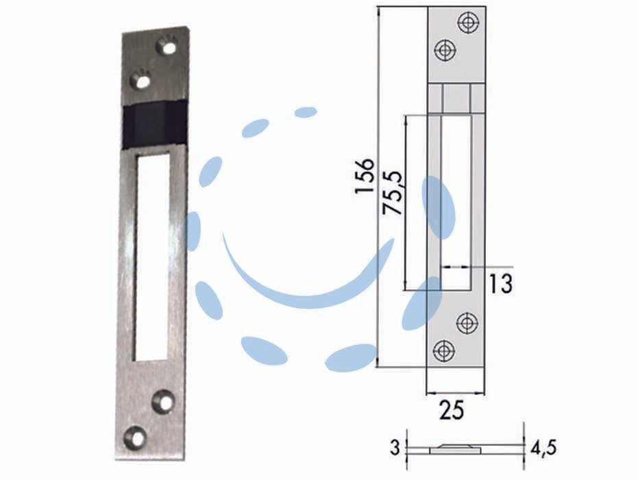 Contropiastra per serrature infilare profilati in alluminio 06462 20 - mm.25x156, spessore mm.4,5 (0646220) - contropiastra piana in acciaio inox con pattino in nylon, adatta per serrature Cisa serie: 17352, 17357, 57352, 57357, 57370,...