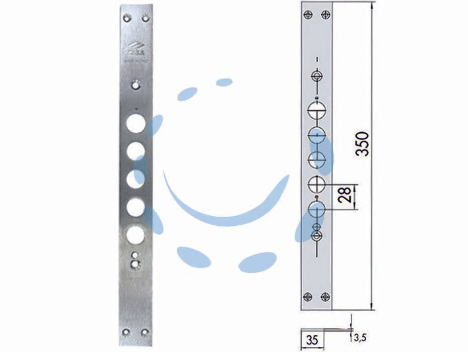 Contropiastra per serrature porte blindate 06221 00 - mm.35x350, spessore mm.3,5 (0622100) - testata in acciaio nichelato, interasse catenacci mm.28, adatta per serrature Cisa serie: 57500.