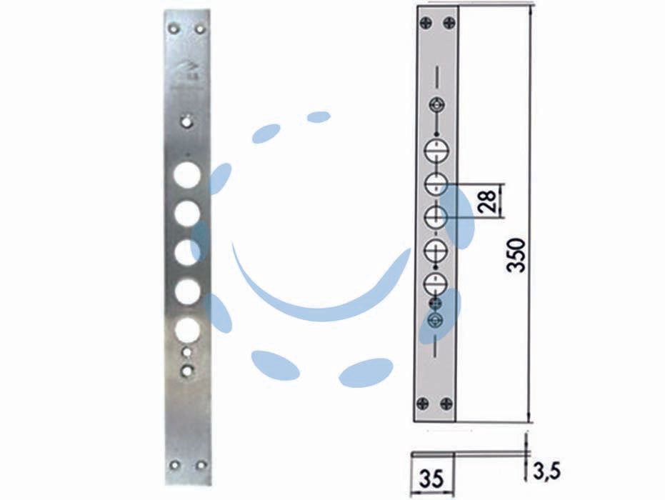 Contropiastra per serrature porte blindate 06221 01 - mm.35x350, spessore mm.3,5 (0622101) - testata in acciaio nichelato, interasse catenacci mm.28, adatta per serrature Cisa serie: 56500.