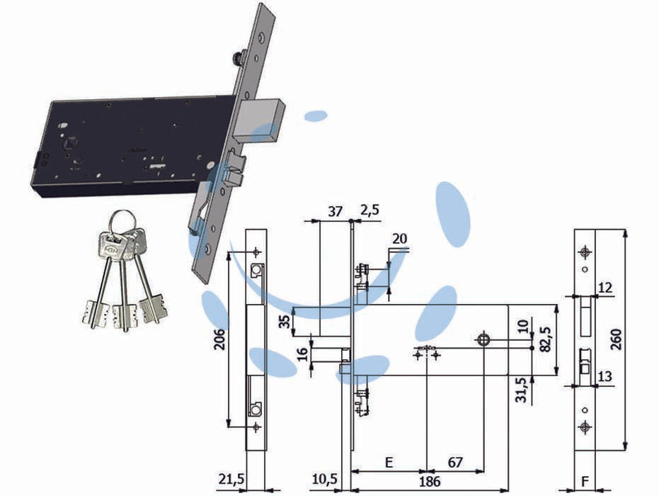 Elettroserratura tripl. infil. fasce d/m cat. e scr. mm.82,5 h 5968 - mm.90 interasse mm.67 (5968) - scatola e coperchio in acciaio zincato e plastificato, frontale in acciaio inox mm.25, catenaccio in acciaio nichelato, pisto...