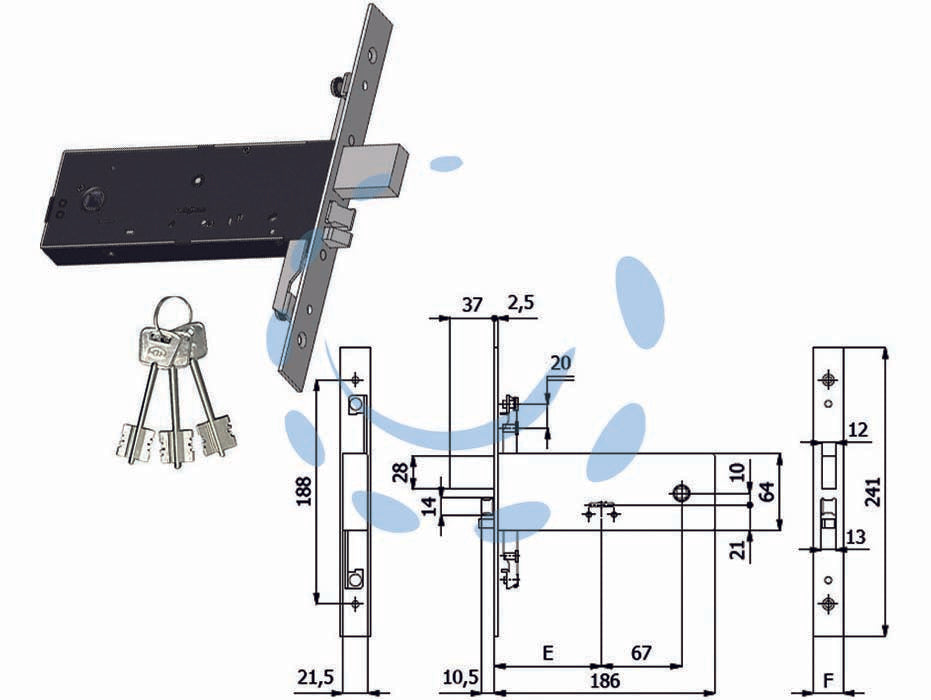 Elettroserratura tripl. infil. fasce d/m. cat. e scr. mm.64 h 5978 - mm.90 interasse mm.67 (5978) - scatola e coperchio in acciaio zincato e plastificato, frontale in acciaio inox mm.25, catenaccio in acciaio nichelato, pisto...