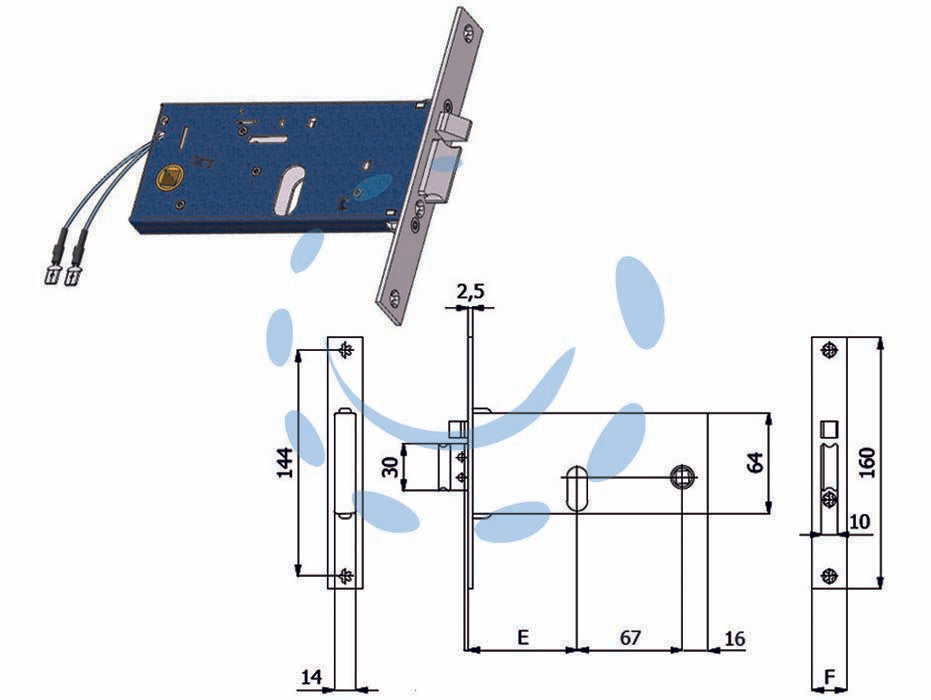 Elettroserratura infilare per fasce catenaccio e scrocco mm.64 h - mm.70 interasse mm.67 (788) - scatola e coperchio in acciaio zincato e plastificato, frontale in acciaio inox mm.16, catenaccio in acciaio nichelato, pisto...