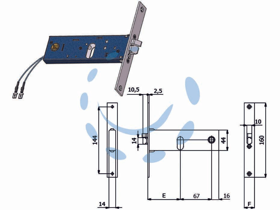 Elettroserratura infilare per fasce catenaccio e scrocco mm.44 h - mm.80 interasse mm.67 (899) - scatola e coperchio in acciaio zincato e plastificato, frontale in acciaio inox mm.16, catenaccio in acciaio nichelato, pisto...