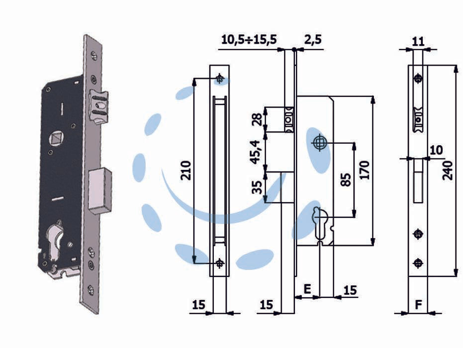 Serratura da infilare per montanti catenaccio e scrocco 1300 - mm.25 interasse mm.85 (1300.25.22) - scatola e coperchio in acciaio zincato e plastificato, frontale in acciaio inox mm.22, catenaccio in lega speciale nichelata,...