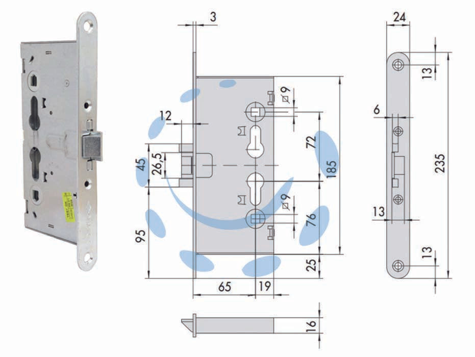 Serratura da infilare per porte tagliafuoco 43020 - mm.65 (43020650) - ambidestra, interasse mm.72, 1 mandata mm.15, testata in acciaio inox, scatola in acciaio con rivestimento in zinco, scrocco ...