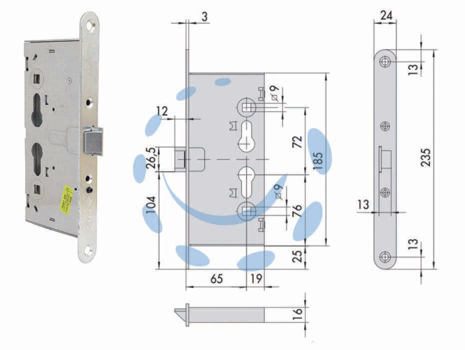 Serratura da infilare antipanico per porte tagliafuoco 56916 - mm.65 (43110650) - ambidestra, interasse mm.72, testata in acciaio inox, scatola in acciaio con rivestimento in zinco, scrocco in acciaio con ri...