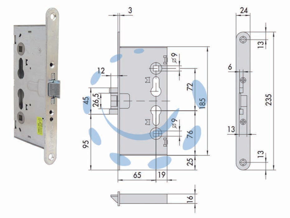 Serratura da infilare antipanico per porte tagliafuoco 43130 - mm.65 (43130650) - ambidestra, interasse mm.72, 1 mandata mm.15, scatola in acciaio con rivestimento in zinco, scrocco in acciaio con rivestimen...