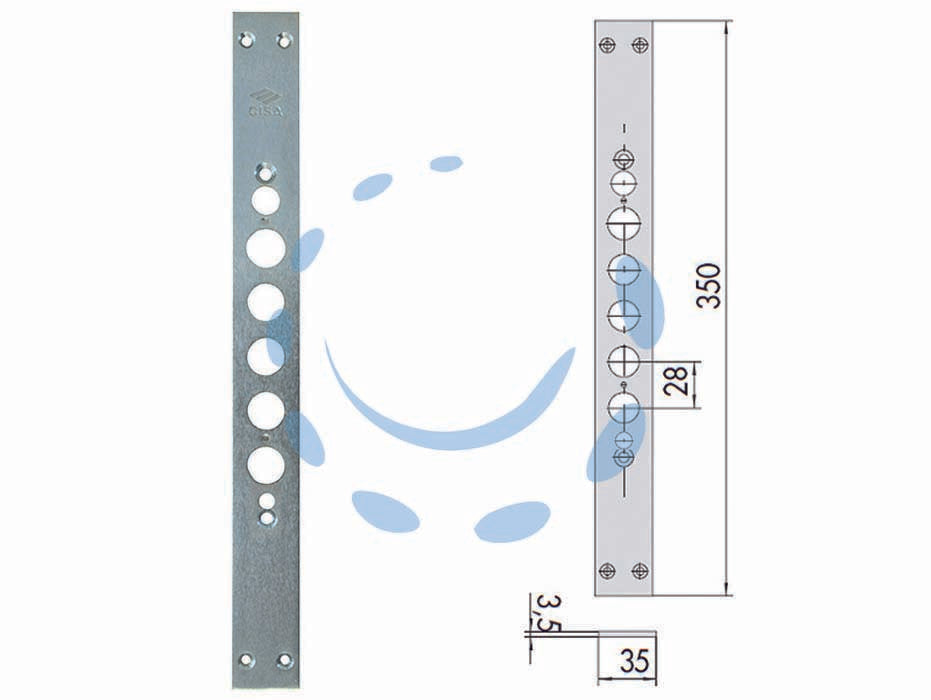 Contropiastra per serrature porte blindate serie 17515 06221 10 - mm.350 (06221100) - testata in acciaio nichelato, interasse catenacci mm.28, adatta per serrature Cisa serie 17500 (nostro articolo 395229)