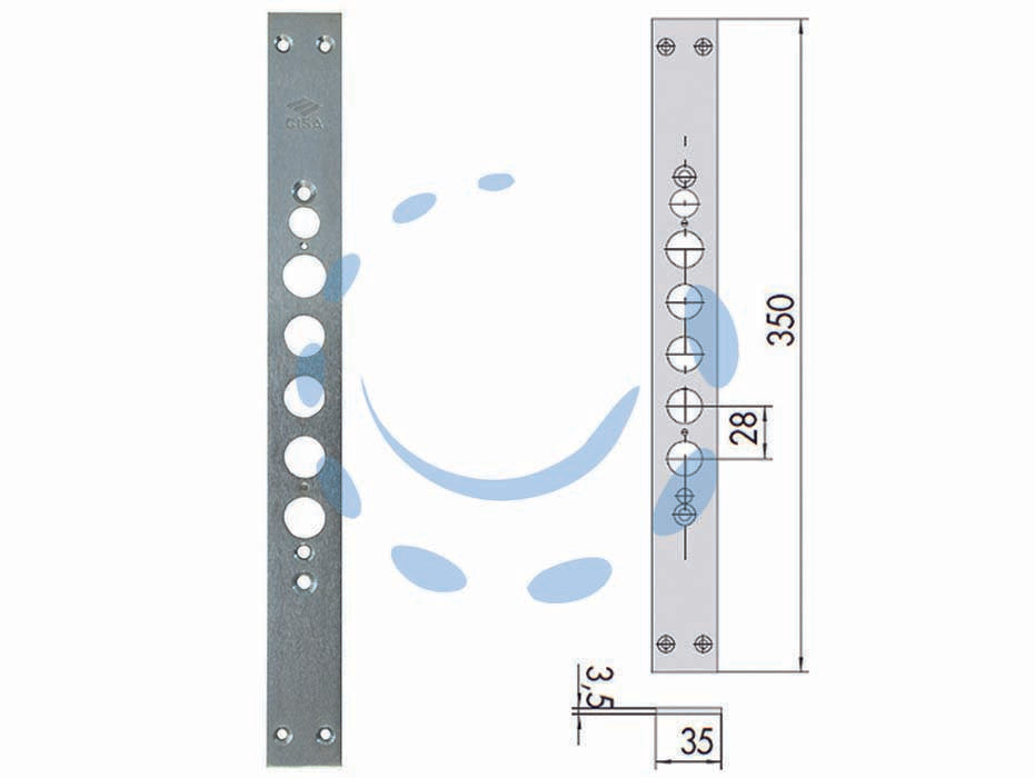 Contropiastra per serrature porte blindate serie 15515 06221 11 - mm.350 (06221110) - testata in acciaio nichelato, interasse catenacci mm.28, adatta per serrature Cisa serie: 15500 (nostro articolo 395212)