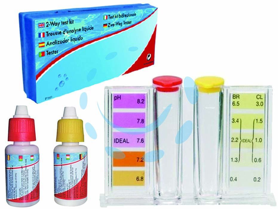 Kit tester cloro, ph e bromo con reagenti liquidi ml.20x2 - kit composto da provette con scala colorimetrica (Ci,pH,e Br) ml.20 reagente liquido Phenol rosso e ml.20 reagente liquido Or...