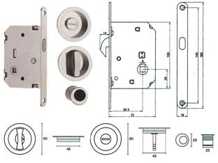 Serratura infilare per porte scorrevoli b. tondo cr. satinato e0262n51 - mm.50 frontale con incontro cromo sat. - scatola in acciaio zincato, con frontale da mm.16, serratura inclusa completa di accessori