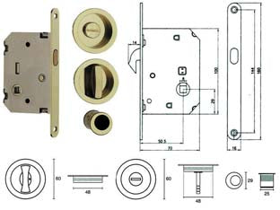 Serratura infilare per porte scorrevoli b. tondo oro lucido - mm.50 frontale con incontro oro luc. (E0262N51) - scatola in acciaio zincato, con frontale da mm.16, serratura inclusa completa di accessori