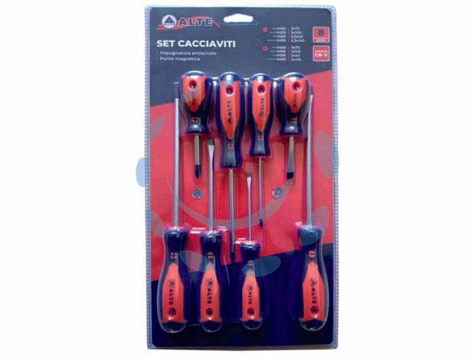 Set giraviti da 8 pezzi - materiale Cr-V 650, Impugnatura antiscivolo, punta magnetica, composizione: 3x75 / 5x100 / 6,5x45 / 5x150 / PH0x75 / PH1x100 ...