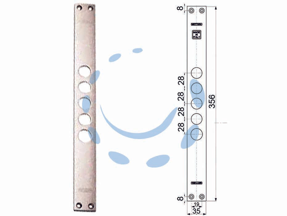 Contropiastre per serrature porte blindate 94254 - interasse mm.28, mm.35x356x3 (942540028) - contropiastre nichelate, per serie 52.771, 84.431/771/971, 85.771/971, 85.97ELE, 3D771/773