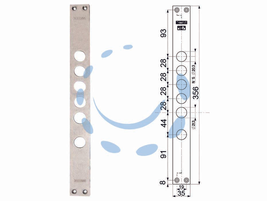 Contropiastre per serrature porte blindate 94275 - interasse mm.28, mm.35x356x3 (942750028) - contropiastre nichelate, per articoli 54.787/789/795, 85.795, 3D787/797