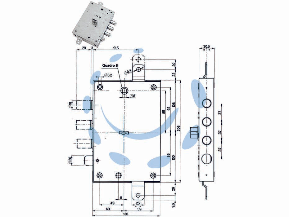 Serratura triplice applicare con scrocco dm blindate 52571/37 - mm.63, DX (52571ROMD 36) - scatola in acciaio zincato, catenacci e scrocco a pistoni con interasse mm.37 in acciaio cromato, 4 mandate, scrocco azionato...