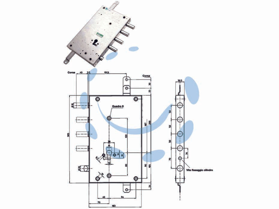 Serratura triplice applicare serrablinda con scrocco cil.europeo 85461 - mm.70 DX (85461D) - scatola mm.185x305h. in acciaio con rivestimento in zinco, catenacci e scrocco in acciaio nichelato, chiavistelli tondi ø mm....