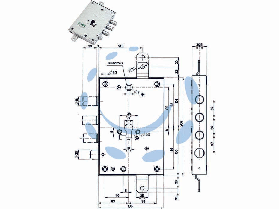 Serratura triplice applicare con scrocco cil. eur. blindate 85571/37 - mm.63 DX (85571D37N) - scatola mm.136x206h. in acciaio con rivestimento in zinco, catenacci e scrocco in acciaio nichelato, 2 mandate, interasse mm....