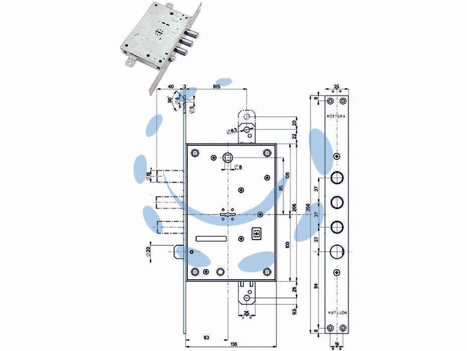 Serratura triplice infilare con scrocco doppia mappa blindate 52771/37 - mm.63 DX (52771ML3736) - scatola mm.136x206h. in acciaio zincato, piastra mm.356x35, catenacci e scrocco a pistoni con interasse mm.37 in acciaio crom...