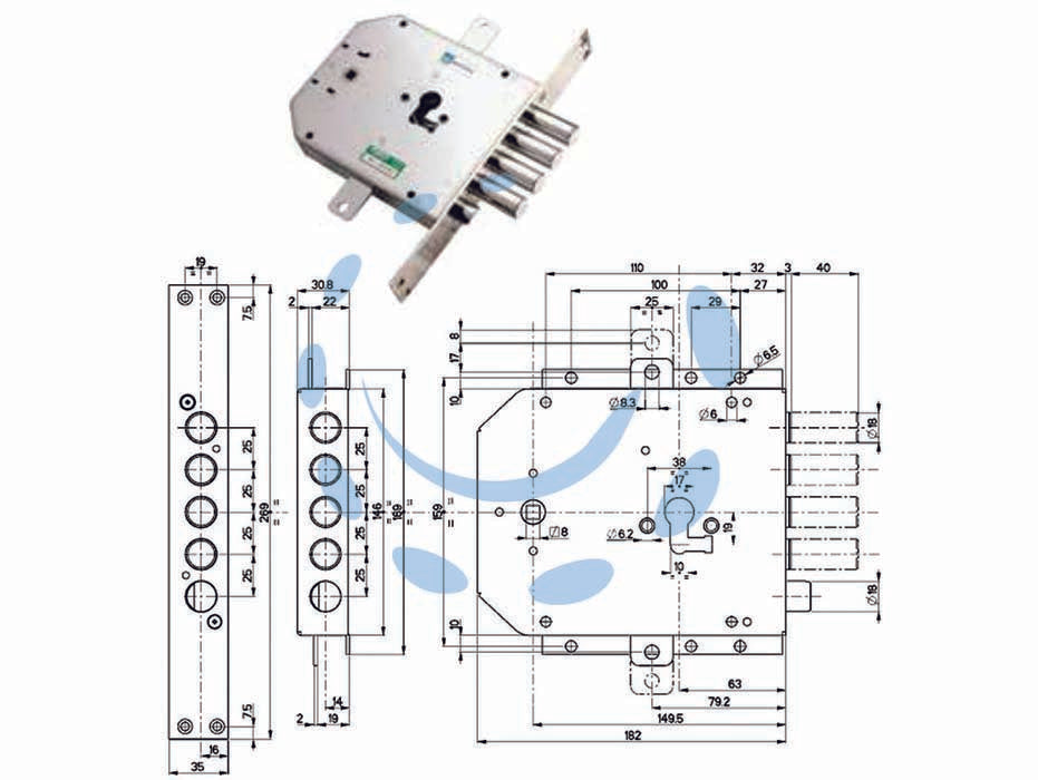 Serratura triplice infilare con scrocco cil. europeo blindate 85735 - mm.63 DX (85735D) - scatola mm.182x159h. in acciaio con rivestimento in zinco, catenacci e scrocco in acciaio nichelato, 2 mandate, chiavistelli ...