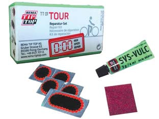 Kit riparazione bici tt 01 - kit riparazione biciclette composto da: pz.4 pezze F 1 ø mm.25, pz.1 pezza  a F 2 mm.50x25, pz.1 tubetto mastica SVS-VULC gr....