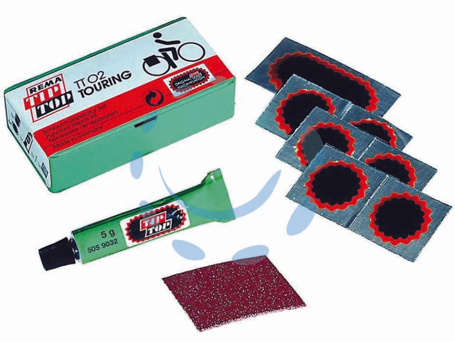 Kit riparazione bici tt 02 - kit riparazione biciclette composto da: pz.6 pezze F 1 ø mm.25, pz.1 pezza  a F 2 mm.50x25, pz.1 tubetto mastica SVS-VULC gr....