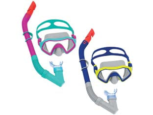 Maschera mare e boccaglio da snorkeling per ragazzi +7 anni - (art.24025) - set composto da maschera con lenti in policarbonato e boccaio attacco bocca in silicone , 2 colori assortiti: rosso e azzurro