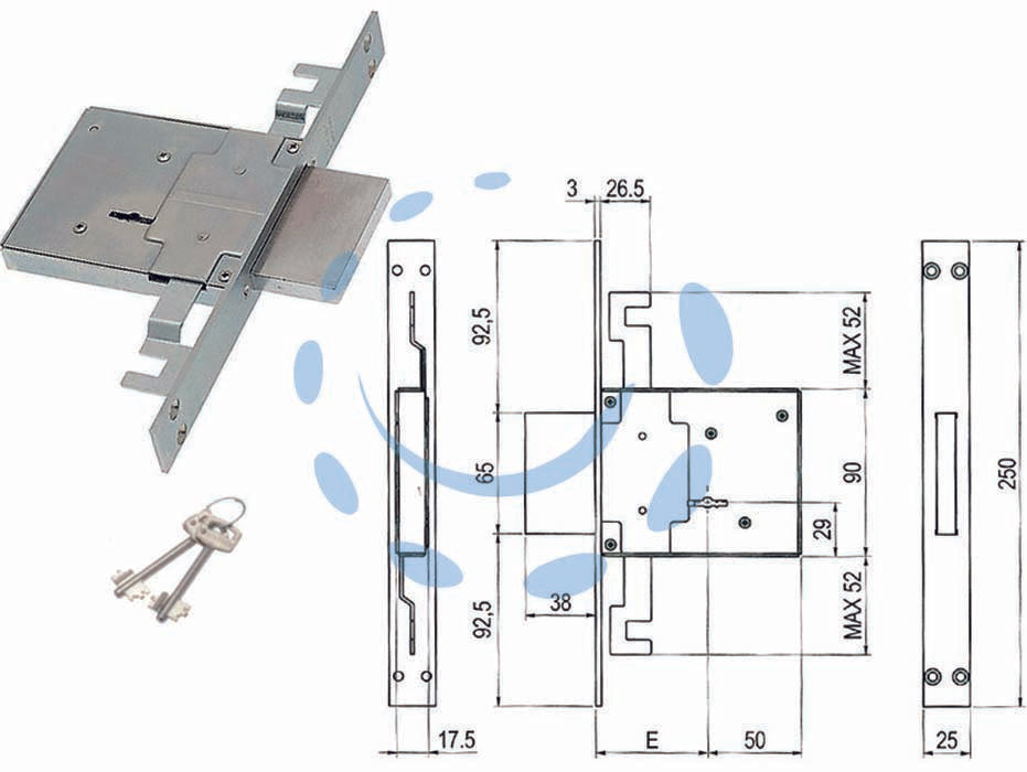 Serratura triplice da infilare doppia mappa 450/3s - mm.70 (00450 3S 70 2C CI) - scatola e coperchio in acciaio zincato, piastra frontale e contropiastra nichelate, catenaccio cromato, 4 mandate, triplice c...