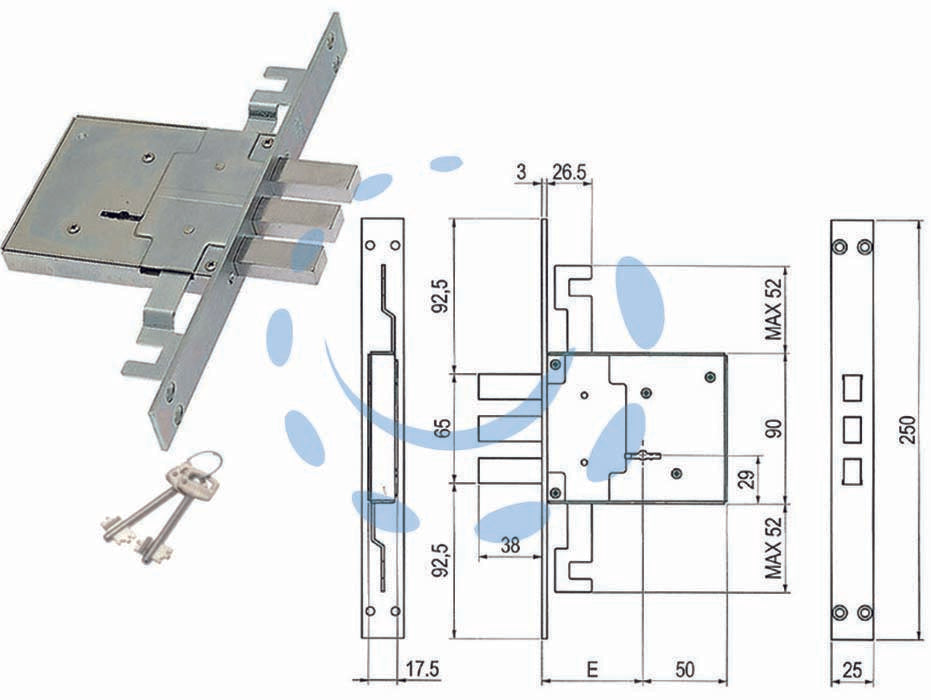 Serratura triplice da infilare d. mappa catenaccio antistrappo 460/3s - mm.70 (00460 3S 70 2C CI) - scatola e coperchio in acciaio zincato, piastra frontale e contropiastra nichelate, catenaccio cromato, 4 mandate, triplice c...