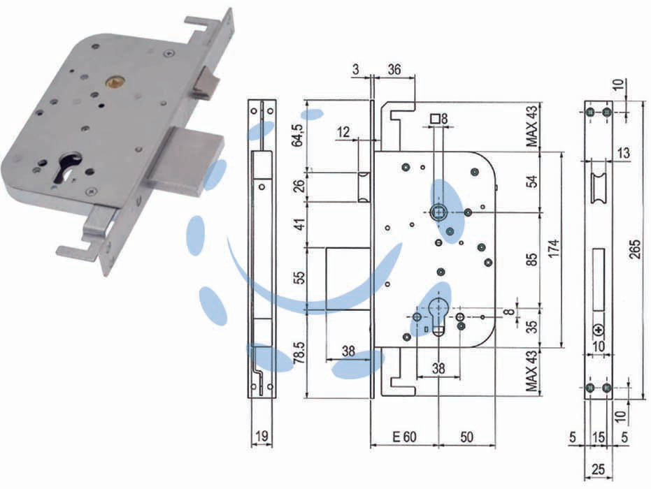 Serratura triplice infilare a cilindro c/scrocco e catenaccio 600y - mm.60 (00600 Y30 60) - scatola e coperchio in acciaio zincato, piastra frontale e contropiastra nichelate, 3 mandate, triplice chiusura, azionamento...