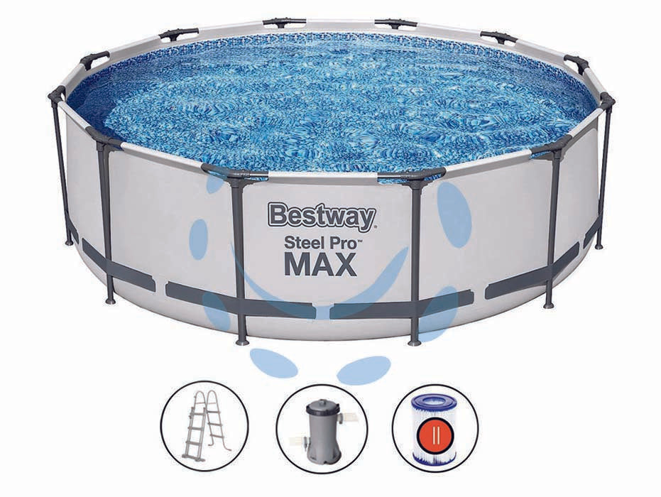 Piscina steel pro max tonda telaio portante cm.366x100h. - kg.37,9 - lt.9.150 - filtro cartuccia(art.56418) - con pompa filtro 58383, cartuccia 58094 e scaletta di sicurezza