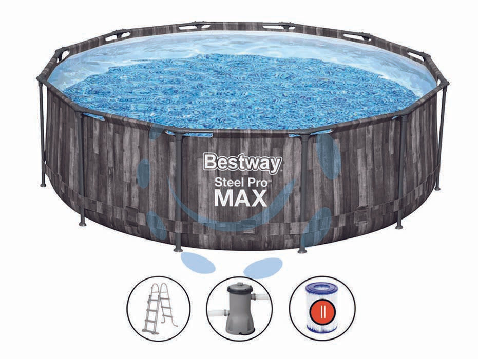 Piscina steel pro max tonda telaio portante cm.366x100h. - kg.37,9 - lt.9.150 -filtro cartuccia (art.5614X) - con pompa filtro 58383, compatibile con cartuccia 58094 e con scaletta di sicurezza