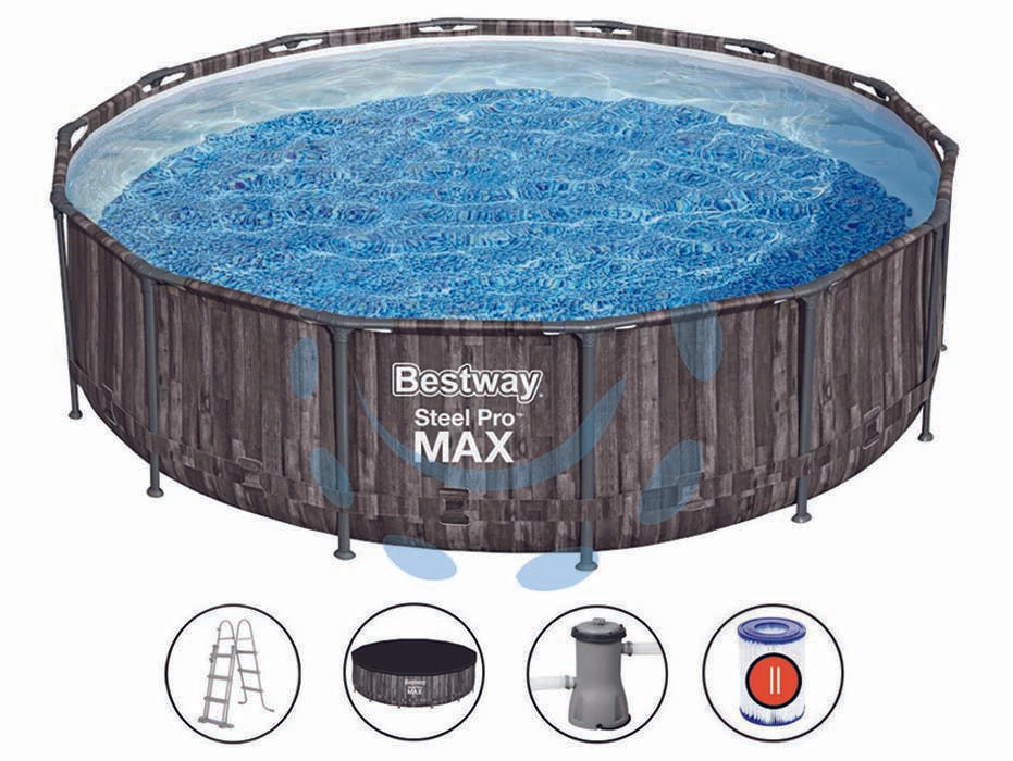 Piscina steel pro max tonda telaio portante cm.427x107h. - kg.52,7 - lt.13.030 -fitro cartuccia (art.5614Z) - con pompa filtro 58386 compatibile con cartuccia 58094, scaletta di sicurezza e copertura