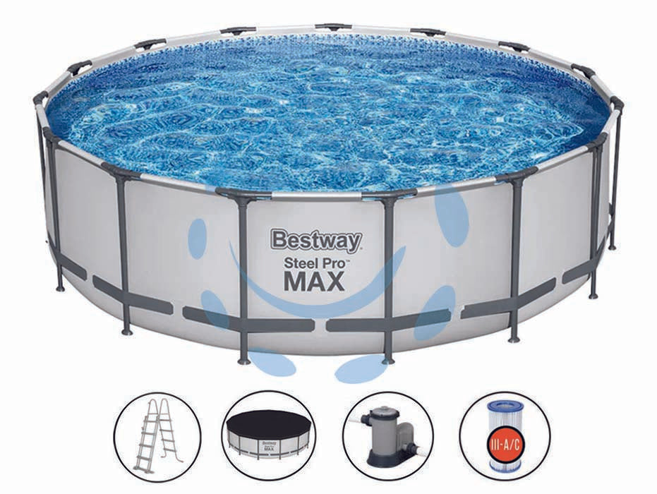 Piscina steel pro max tonda telaio portante cm.488x122h. - kg.72,8 - lt.19.480 -filtro cartuccia(art.5612Z) - con pompa filtro 58389 compatibile con cartuccia 58012, scaletta di sicurezza e copertura