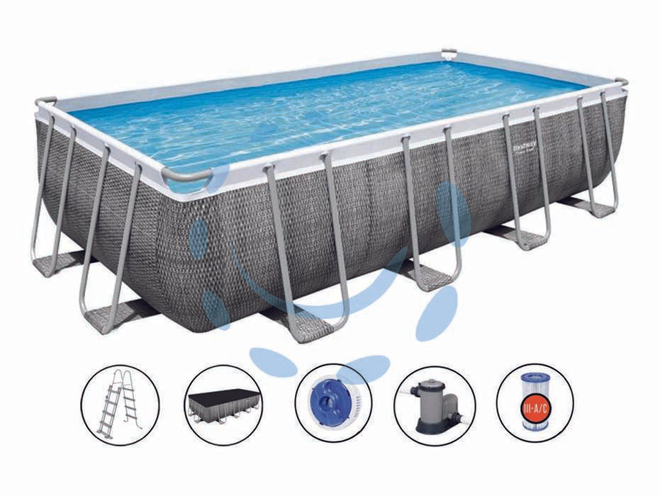 Piscina power steel rettangolare telaio portante cm.549x274x122h. - kg.112,4 - lt.14812 -filtro cartuccia(art.56998) - colore rattan grigio, con pompa filtro 58389, cartuccia 58012, telo di copertura, scaletta di sicurezza, e dispenser chimico ...