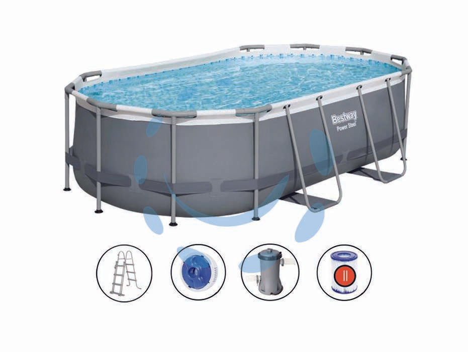 Piscina power steel ovale con telaio portante cm.427x250x100h. - kg.51,50 - lt.7250 -filtro cartuccia (art.56620) - con pompa filtro 58389, cartuccia 58094, scaletta di sicurezza dispenser chimico Chemconnect