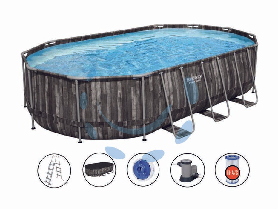 Piscina power steel set ovale con telaio portante cm.610x366x122h. - kg.98,7 - lt.20241 -filtro cartuccia (art.5611R) - con pompa filtro 58389 compatibile con cartuccia 58012, scaletta di sicurezza, copertura e dispenser chimico Chemconnect