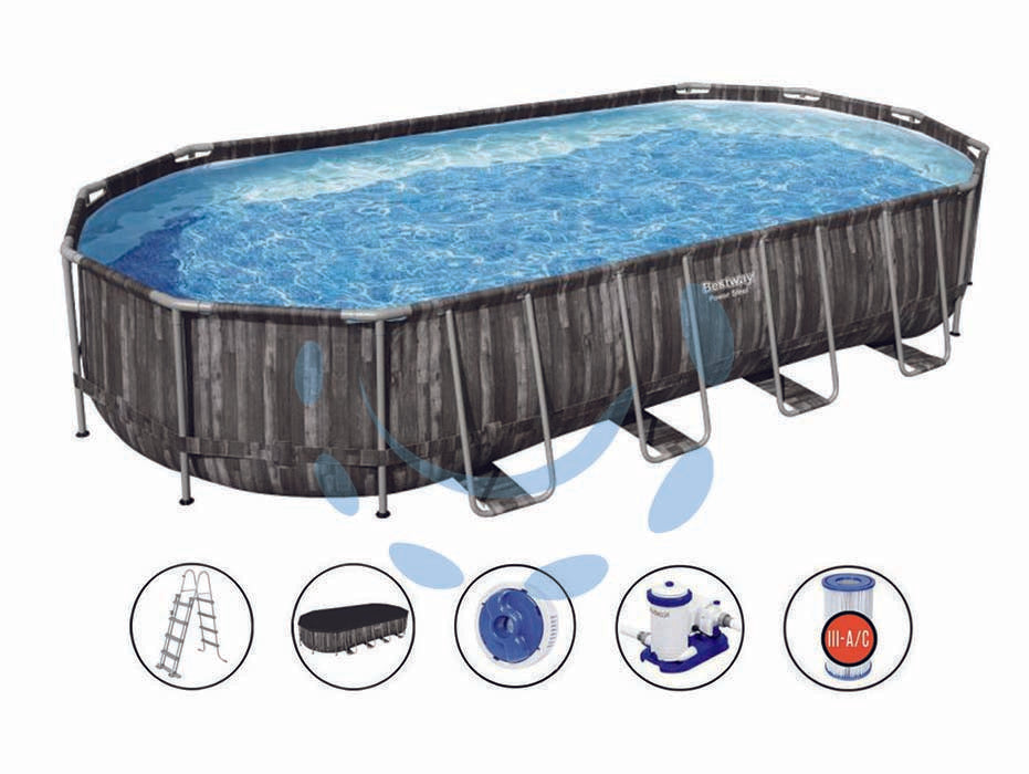 Piscina power steel set ovale con telaio portante cm.732x366x122h. - kg.128,6 - lt.24495 -filtro cartuccia(art.5611T) - con pompa filtro 58391 compatibile con cartuccia 58095, scaletta di sicurezza, copertura e dispencer chimico Chemconnect