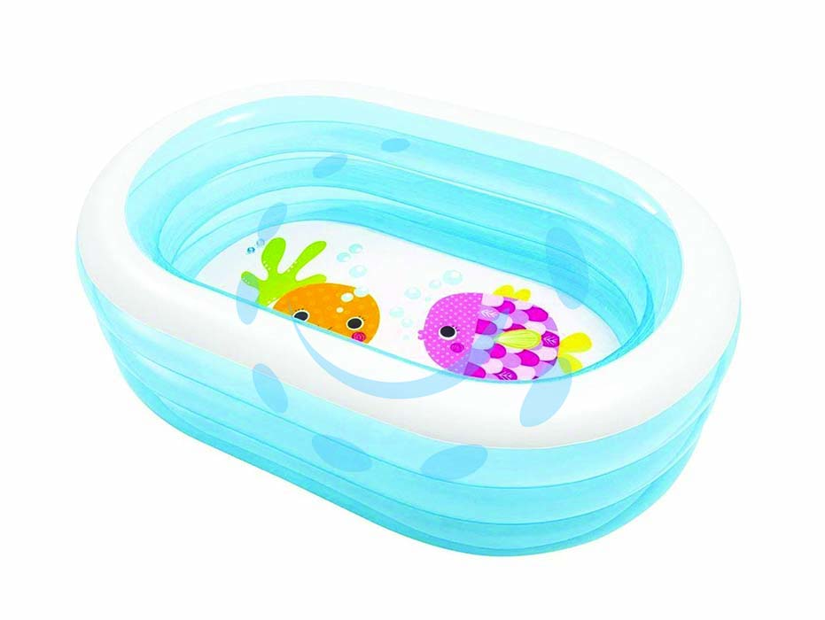 Piscina ovale baby 4 anelli +3 anni - cm.163x107x46h. - peso kg.2,69 (57482) - trasparente, ovale con fondo fantasia pesci, perfetta per rinfrescarsi, rilassarsi e godersi l'estate con morbido pavimento g...