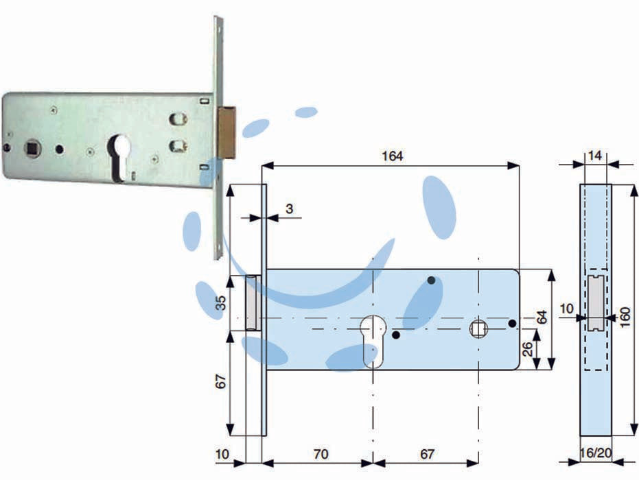 Serratura infilare per fasce caten. 1 mandata e scr. mm.64 h 283802 - mm.70 (283.70.2) - in acciaio zincato, con scatola e frontale da mm.20x3x160h. catenaccio a 1 mandata con scrocco incorporato in ottone, con cil...