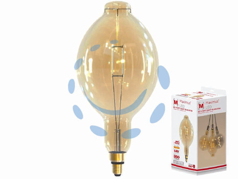 Lampada a bulbo gigante led vintage e27 - 4w - 2200°K calda - 350 lm - 180x380h - 220-240V, lampada led 360°, durata media 15.000 ore, testata per 100.000 accensioni, accensione istantanea, non dimmerabile