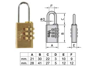 Lucchetti ad arco a combinazione con 3 dischi 406 - mm.21, arco mm.22x9 ø mm.3 (40600207) - corpo lucchetti in ottone massiccio con spigoli smussati antiabrasione, arco in acciaio cromato, 1000 combinazioni possibili