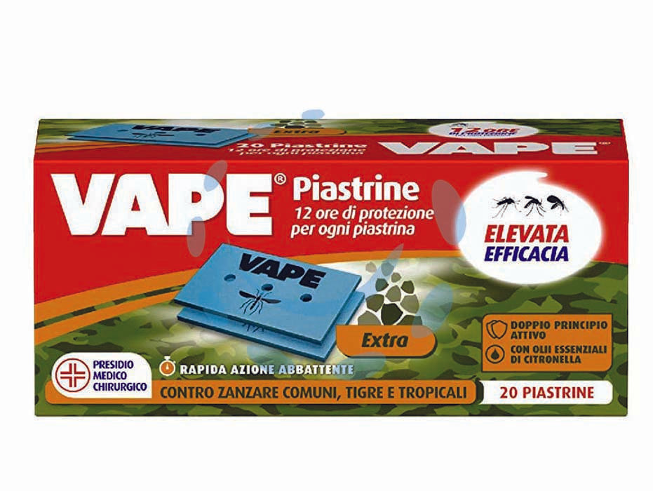 Piastrina per elettroemanatori extra zanzare comuni tigre e tropicali - in confez. da pz.20 - grazie alla formula con due principi attivi e gli oli essenziali di citronella, le piastrine Vape sono attive contro zanzare ...